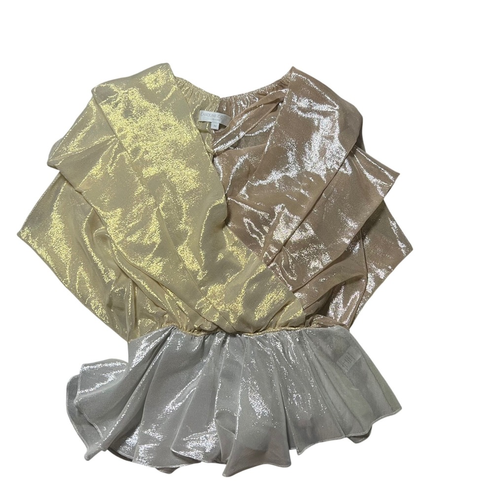 Caroline Constas Metallic Silk Blend Peplum Top Gold Silver Rose Gold Medium